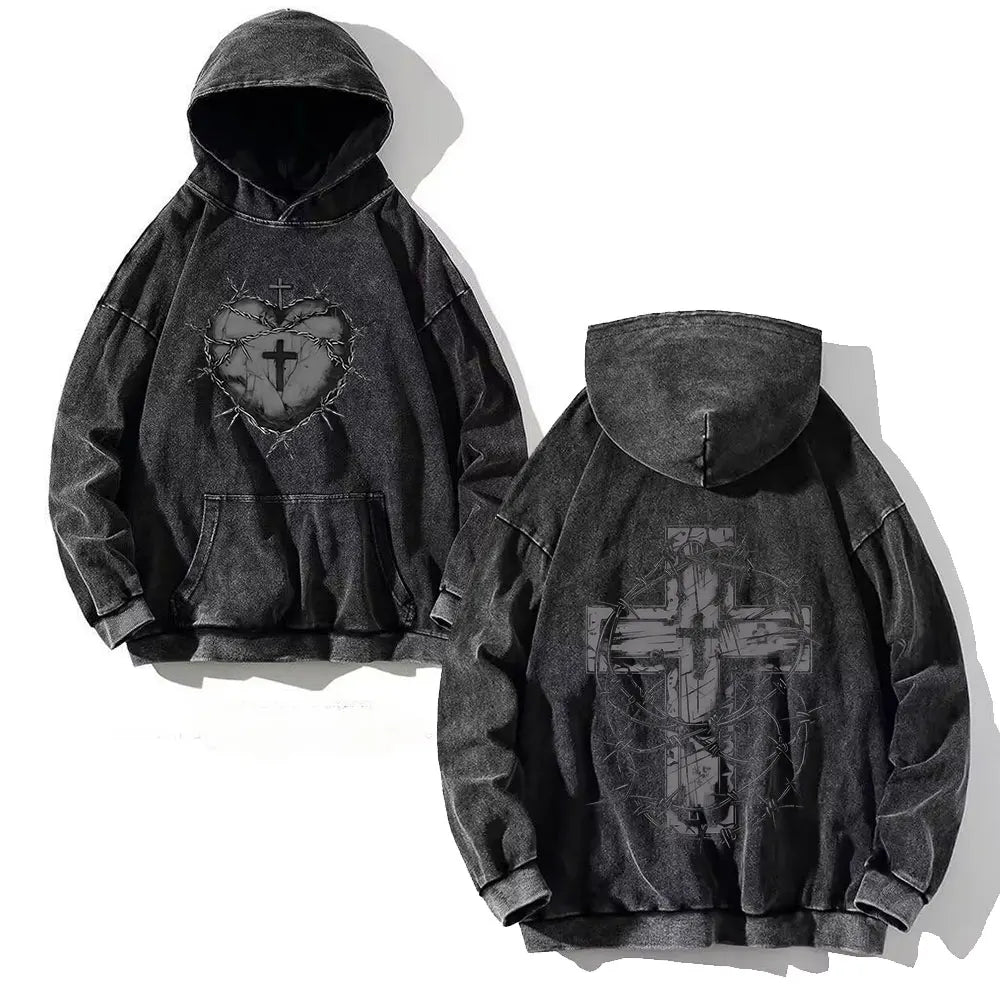 Goth Print Acid Washed Hoodie