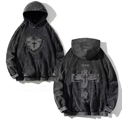Goth Print Acid Washed Hoodie