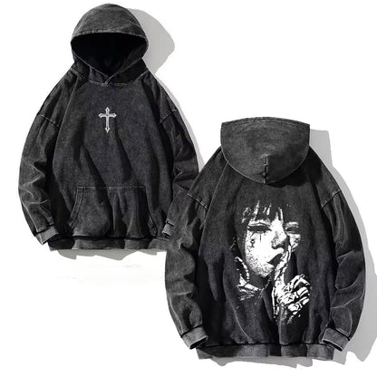 Goth Print Acid Washed Hoodie