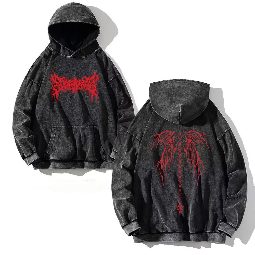 Goth Print Acid Washed Hoodie