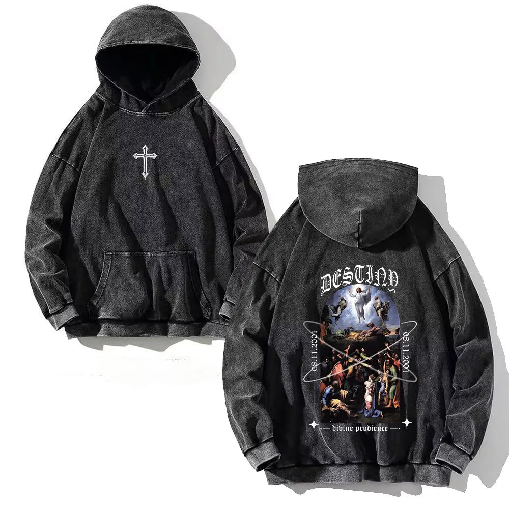 Goth Print Acid Washed Hoodie