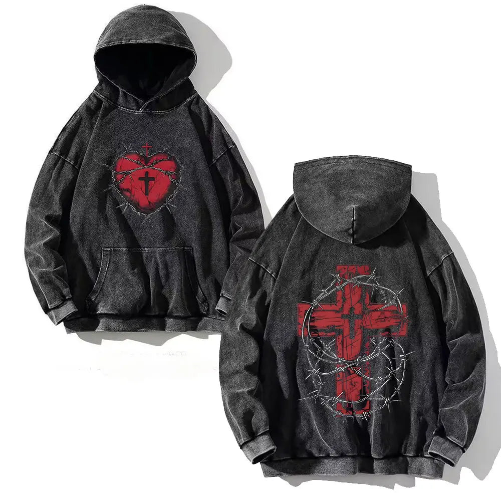 Goth Print Acid Washed Hoodie
