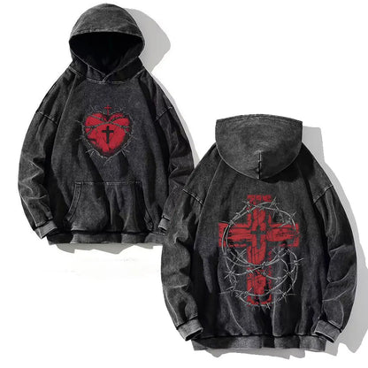 Goth Print Acid Washed Hoodie